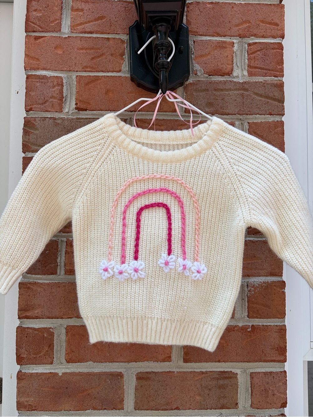 Boutique!! Cream Knit Kids Sweater with Pink Rainbow & Flowers